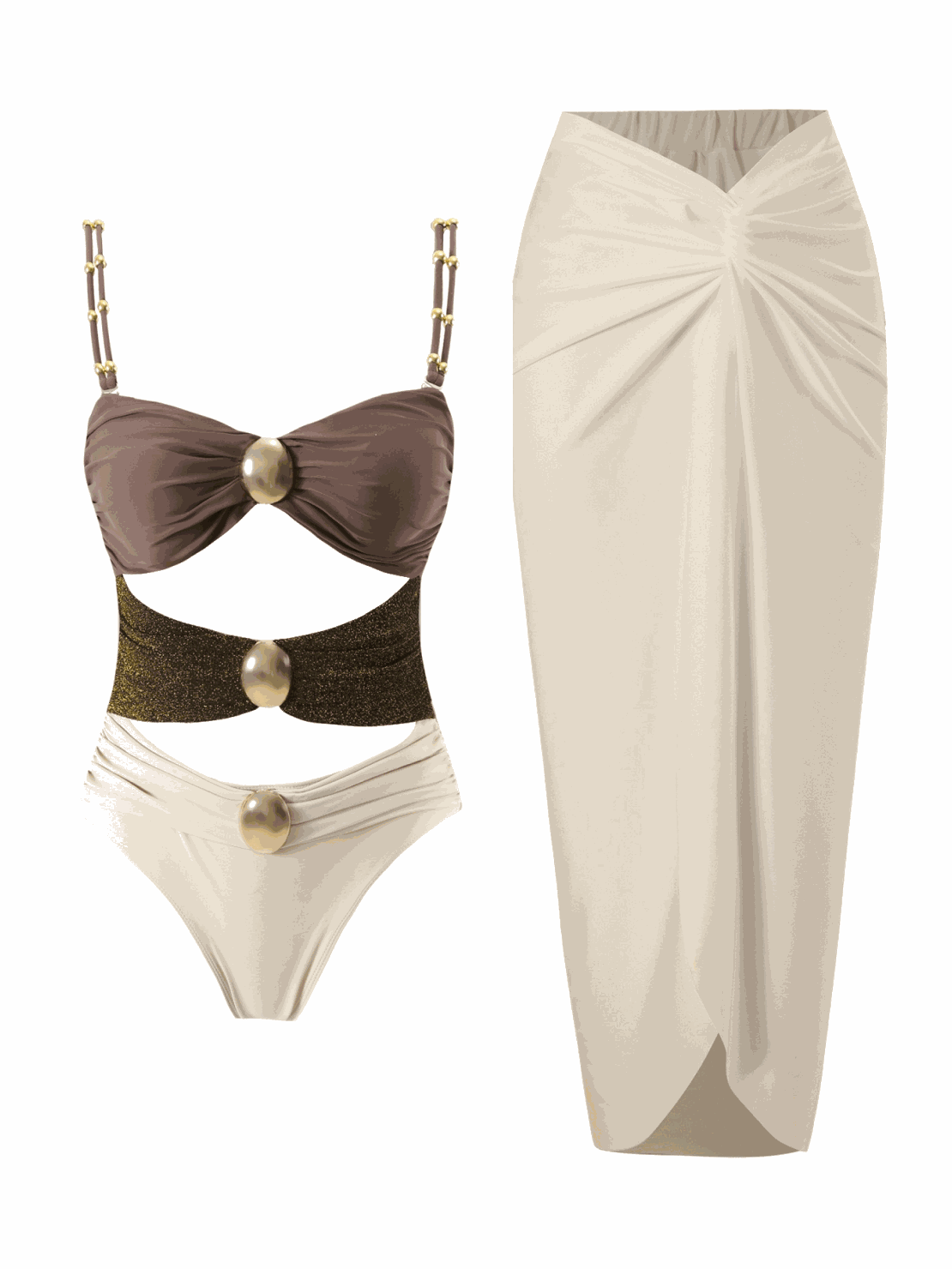 Gold-detail cutout one-piece swimsuit with ruched panels and midi wrap skirt beachwear set