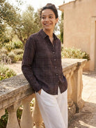 100% cotton sheer plaid shirt with relaxed fit and mother-of-pearl buttons