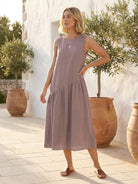 Lightweight cotton-linen summer midi dress with tiered skirt and round neckline in relaxed fit