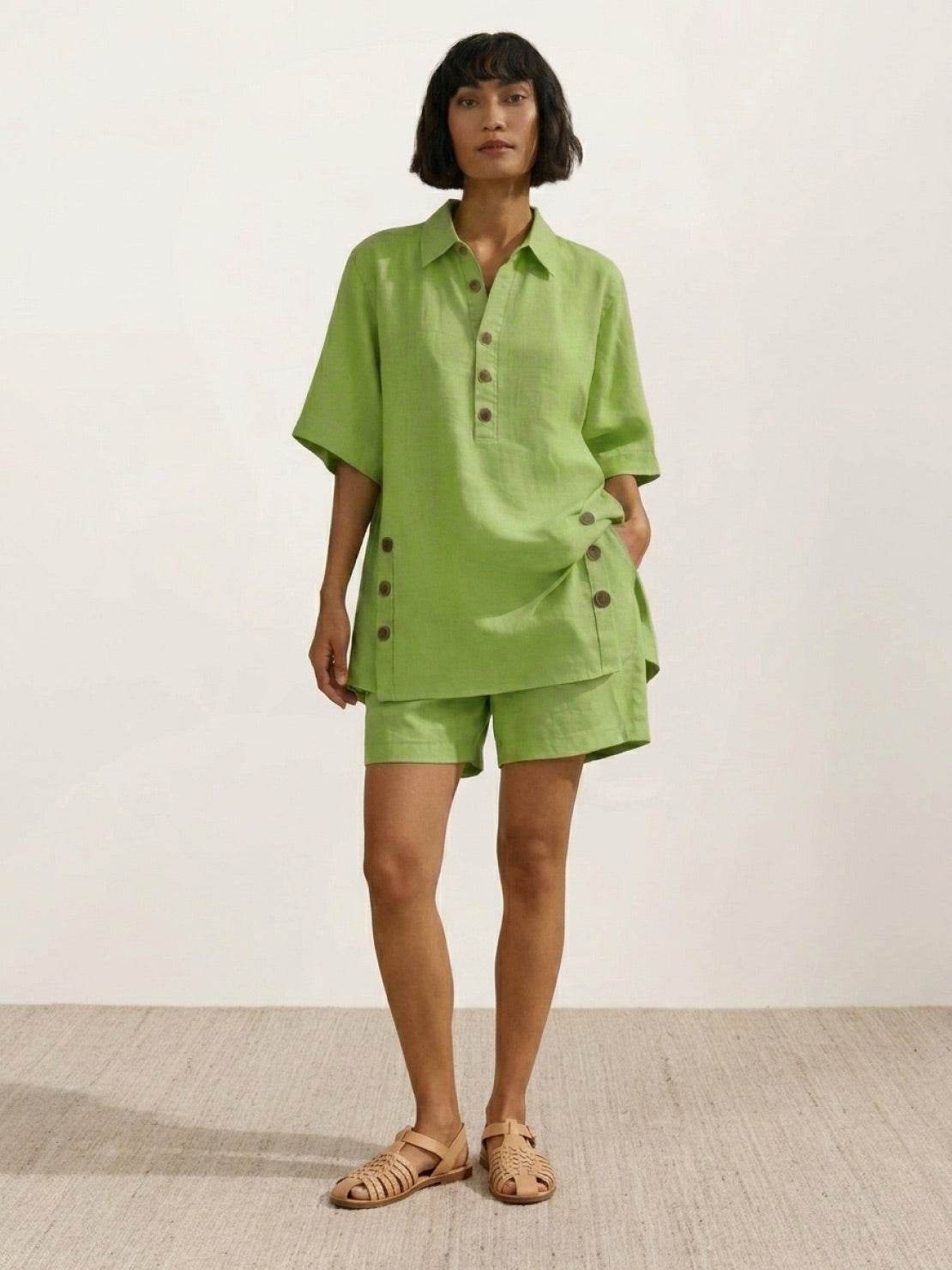 Lightweight 100% cotton button-front co-ord set with oversized drop-shoulder top and relaxed shorts in beige, blue, white, and lime green