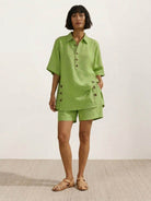 Lightweight 100% cotton button-front co-ord set with oversized drop-shoulder top and relaxed shorts in beige, blue, white, and lime green