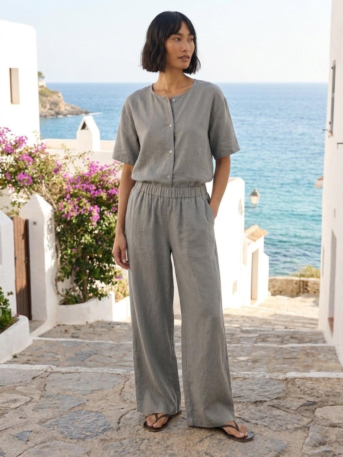 Breathable 100% cotton two-piece set with button-front top and wide-leg pants in soft solid colors