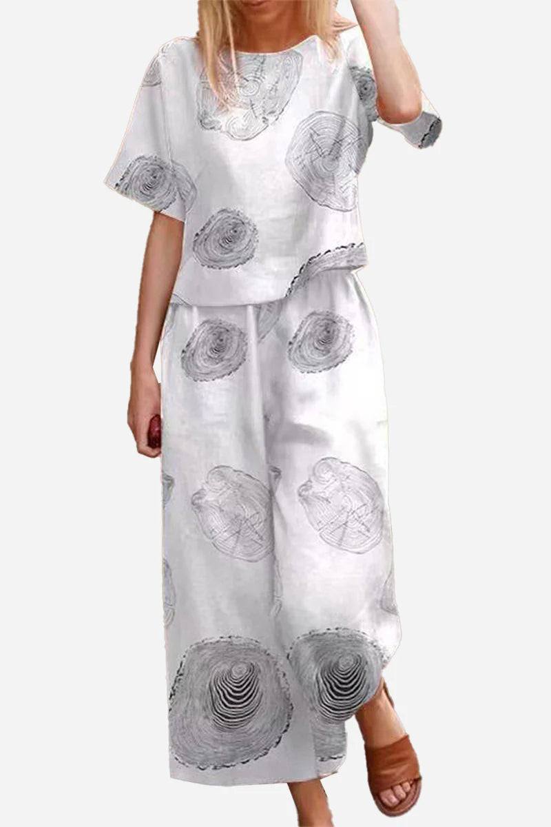 Breezy Meadow Two-Piece Set with relaxed top and wide-leg trousers in lightweight polyester fabric