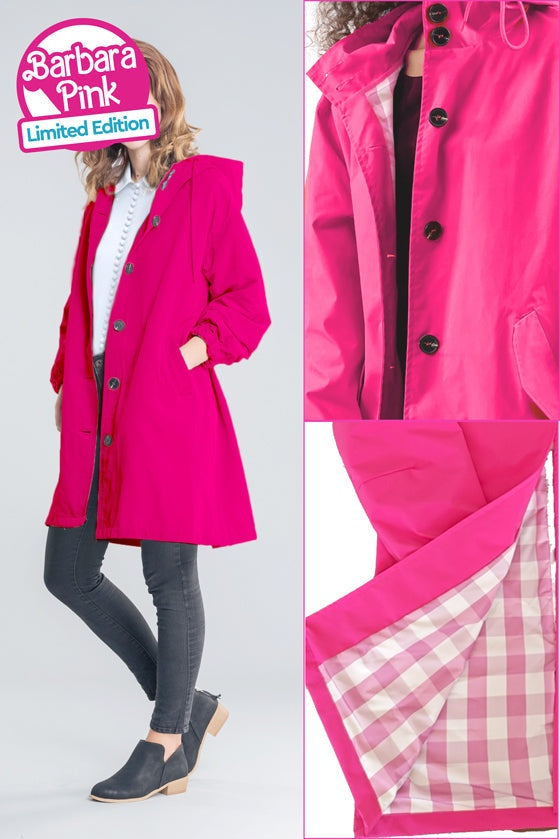 Pink water-resistant oversized hooded windbreaker jacket with button closure and checked inner lining, limited edition Barbara Pink design.