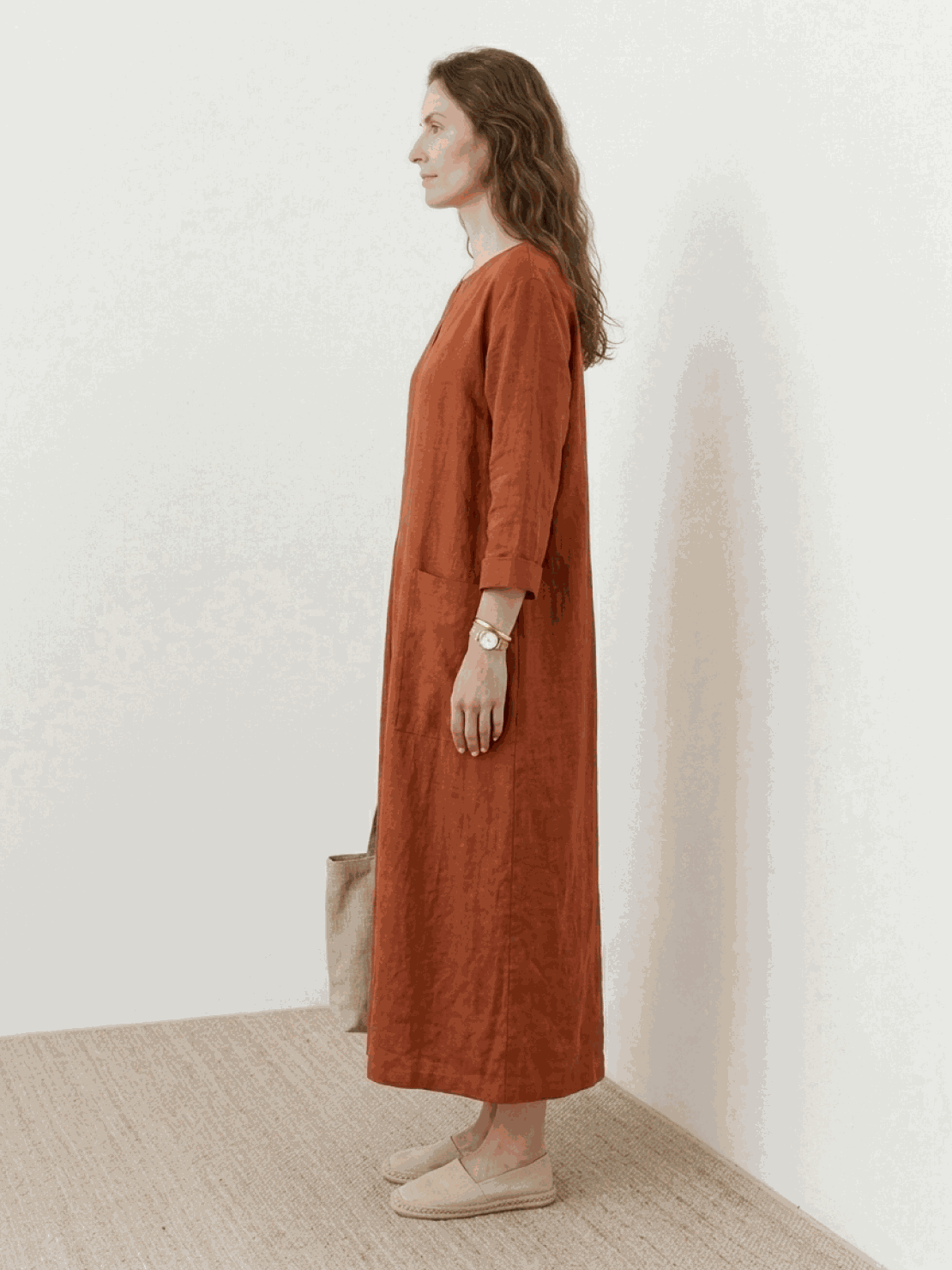 100% cotton A-line pocket maxi dress with 3/4 sleeves and side slits
