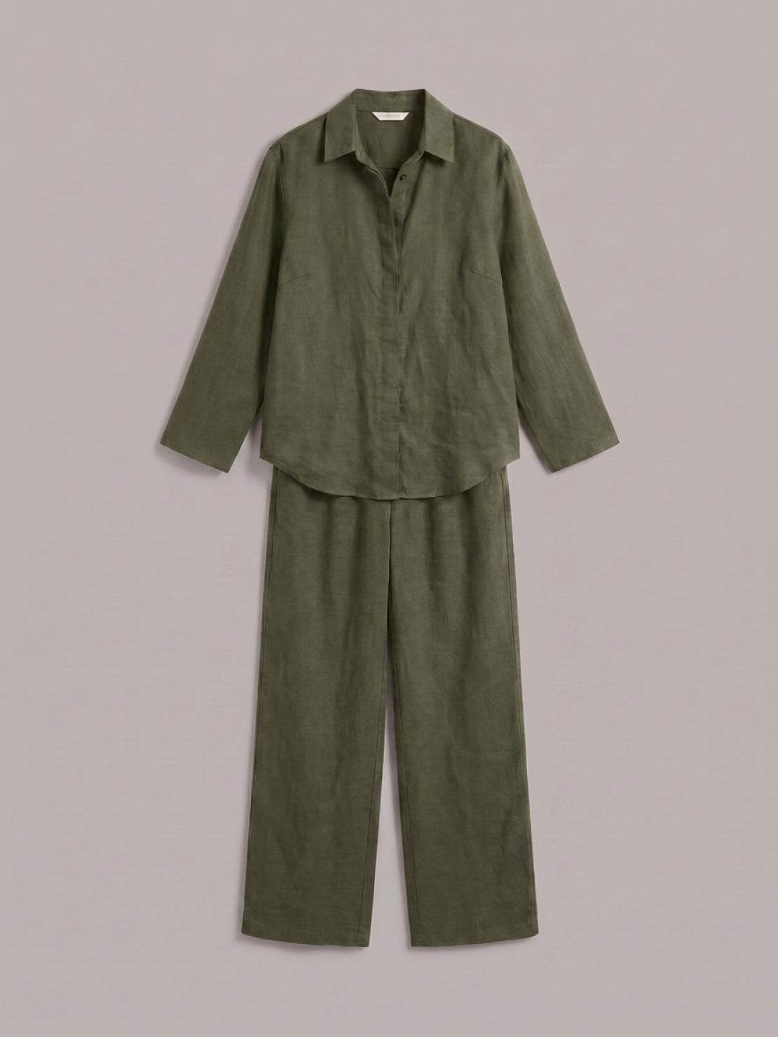 Model wearing oversized 100% cotton shirt with wide-leg pants co-ord set in relaxed style