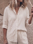 Model wearing oversized 100% cotton shirt and wide-leg pants co-ord set in relaxed fit