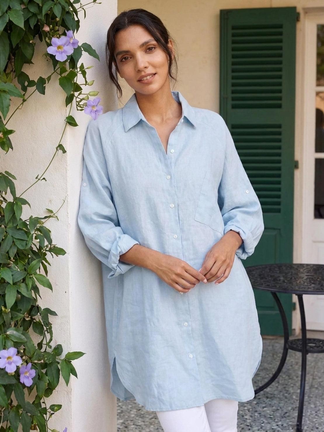 Detail view of oversized cotton-linen shirt