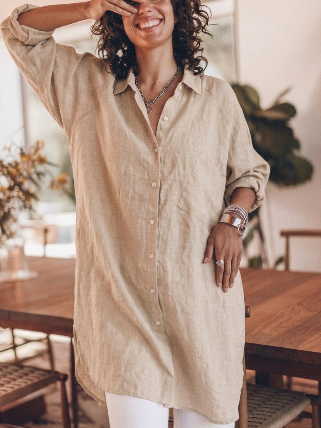 oversized relaxed cotton linen shirt with dropped shoulders and back pleat detail