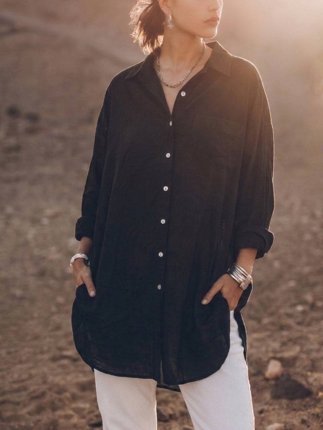 relaxed oversized 100% cotton linen shirt with dropped shoulders and back pleat detail