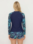 Long-sleeve swim rash guard with matching mid-rise swim shorts in stretch quick-dry fabric
