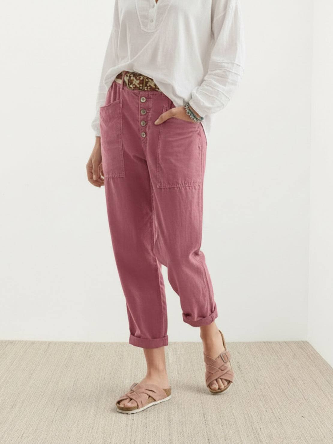 Casual button-down utility-chic trousers with deep pockets and soft durable cotton blend fabric