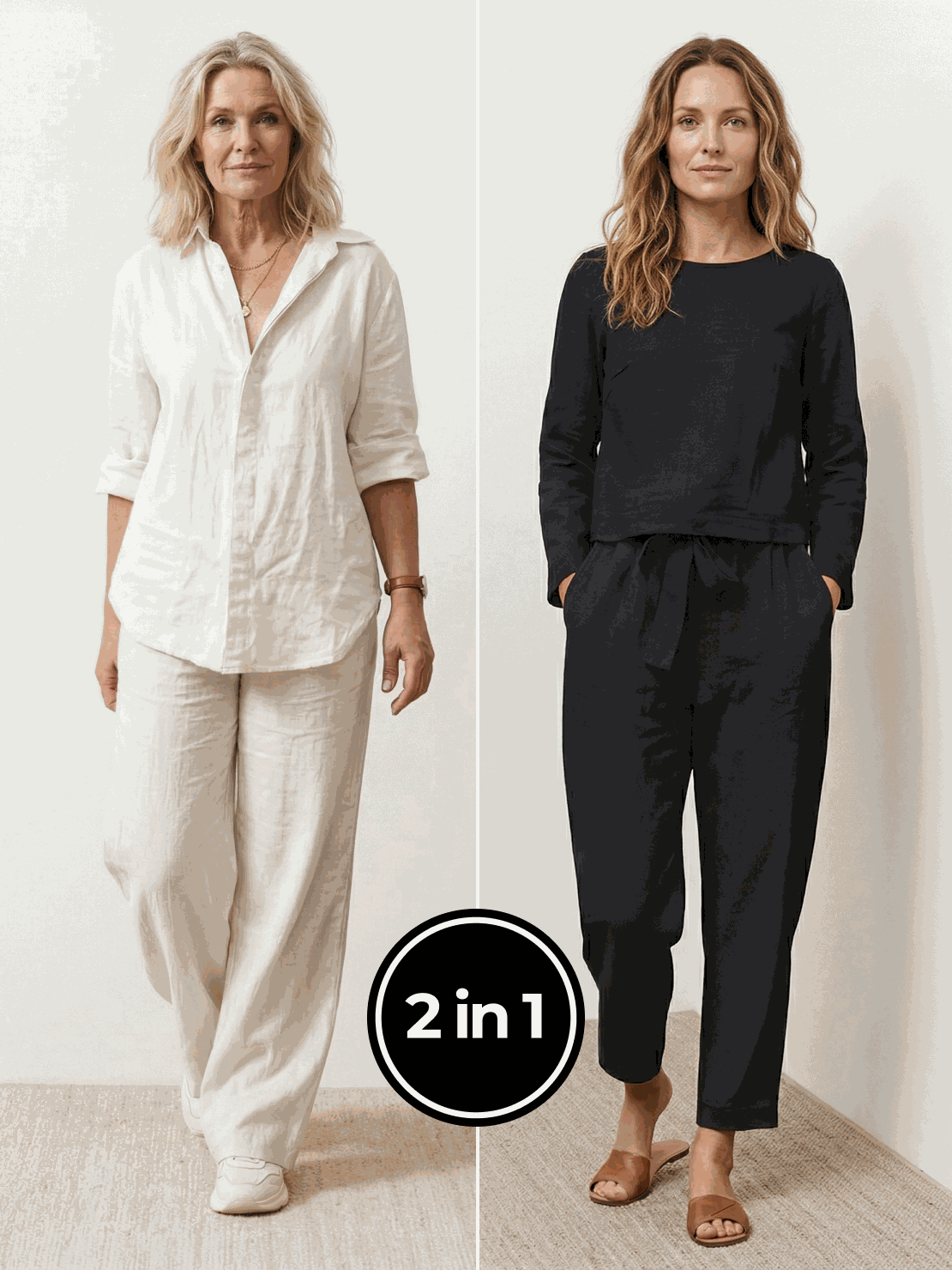 Two women wearing Casual Chic Duo breathable cotton and linen mix-and-match two-piece outfits