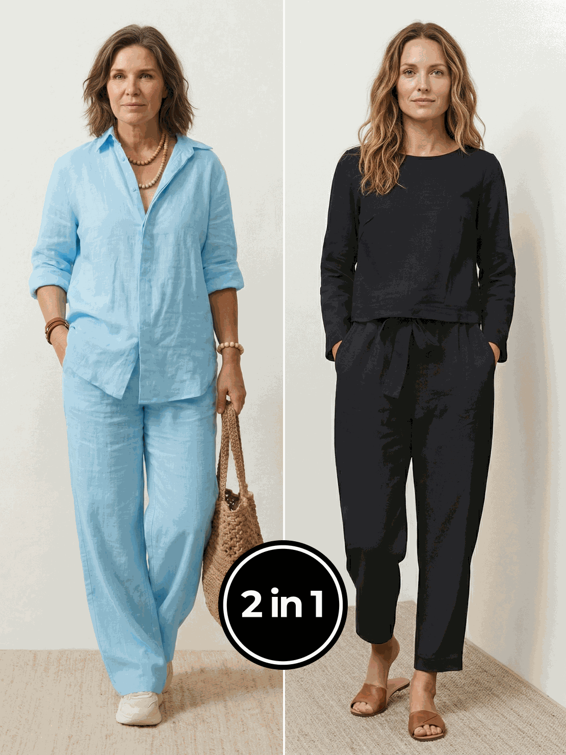 Two women modeling Casual Chic Duo breathable natural fabric two-piece sets in relaxed, stylish outfits