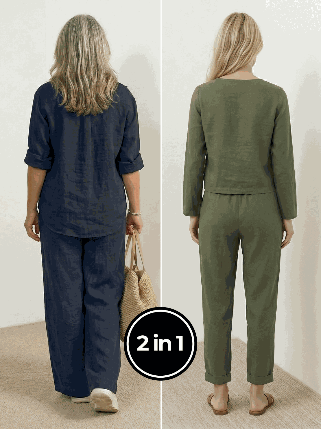 Two women wearing breathable casual chic duo cotton and linen mix-and-match two-piece sets