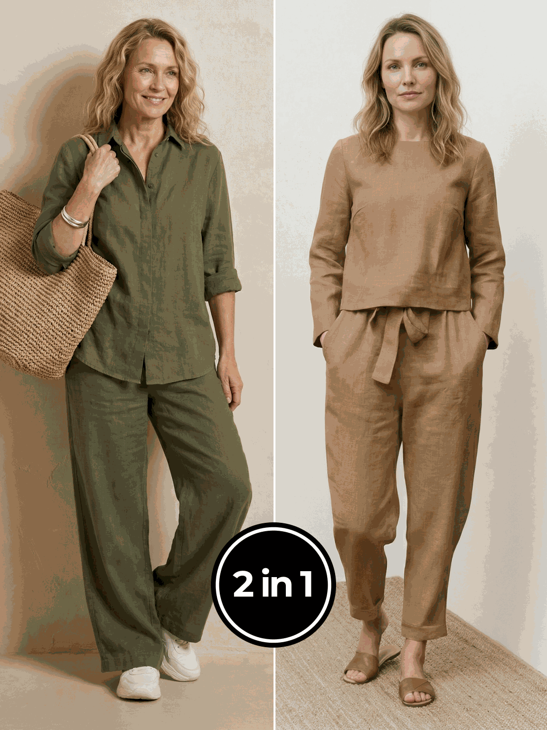 Two women modeling Casual Chic Duo breathable cotton and linen two-piece sets for effortless style and comfort