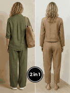 Two women wearing breathable casual chic duo two-piece sets in natural fabrics.