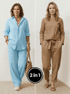 Two women wearing breathable casual chic duo outfits in natural fabrics for mix and match style