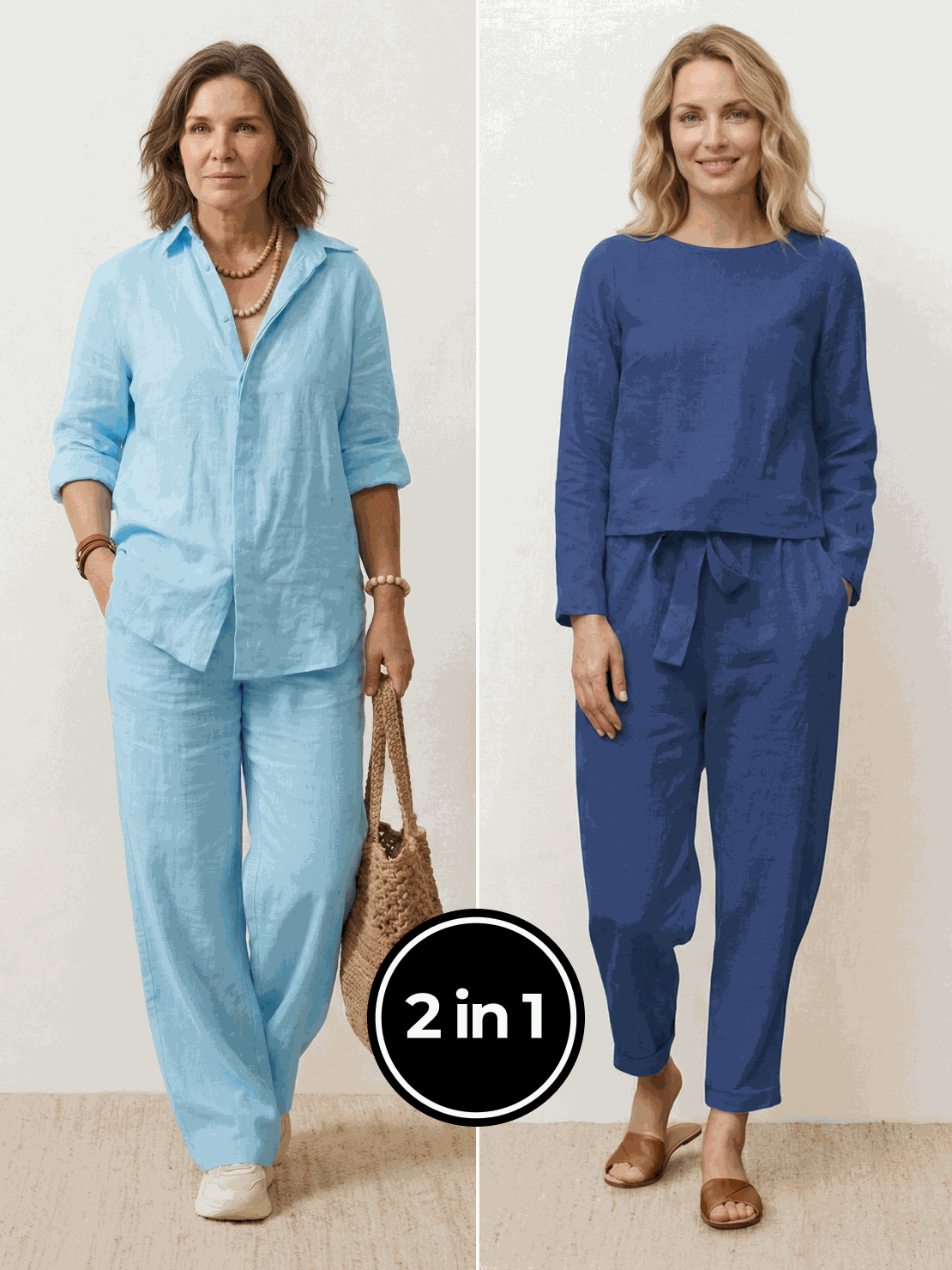 Two women wearing breathable casual chic duo cotton and linen mix-and-match two-piece outfits