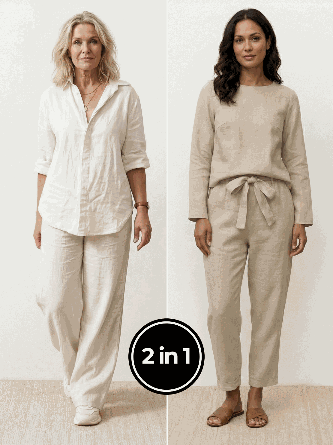 Two women wearing casual chic duo bestselling mix and match natural fabric outfits