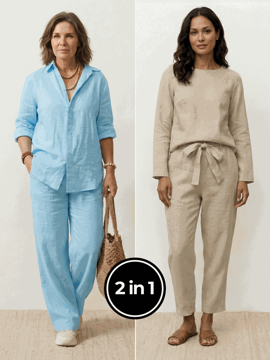 Two women wearing casual chic duo breathable cotton and linen mix-and-match two-piece sets