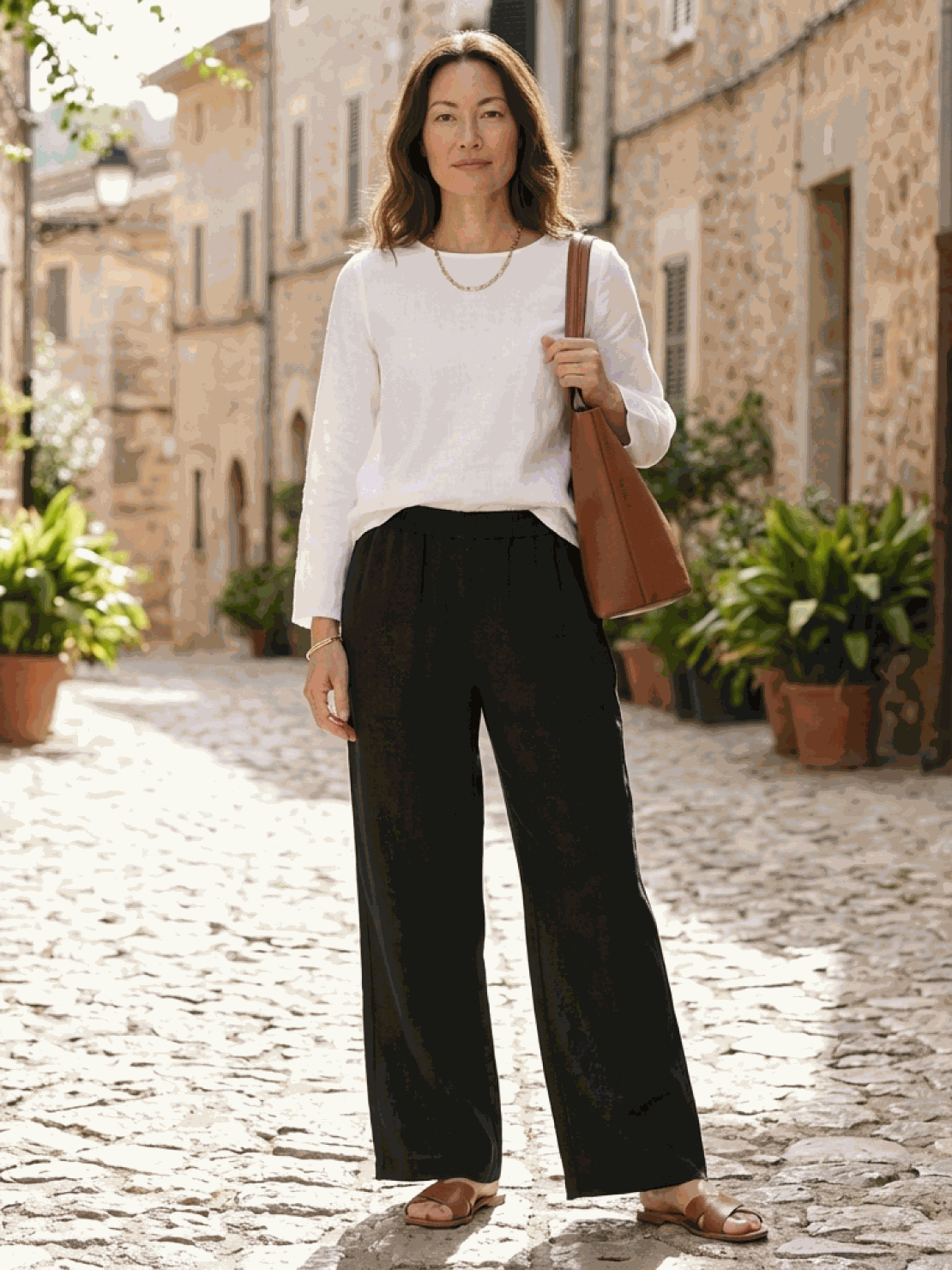 Two women wearing breathable casual chic duo cotton and linen two-piece sets outdoors