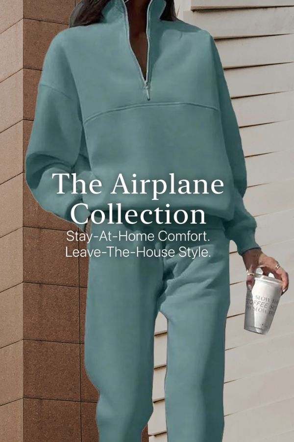 Classic Airplane Set soft cotton blend two-piece tracksuit in mint green with high collar and zipper neck for comfortable travel and casual style