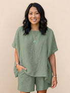 Comfy linen-like shirt and shorts two-piece set in breathable fabric for stylish casual wear