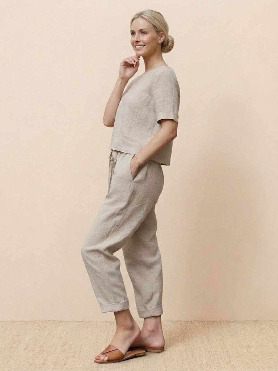 Cotton-linen blend monochrome two-piece set with relaxed fit and breathable natural fabrics