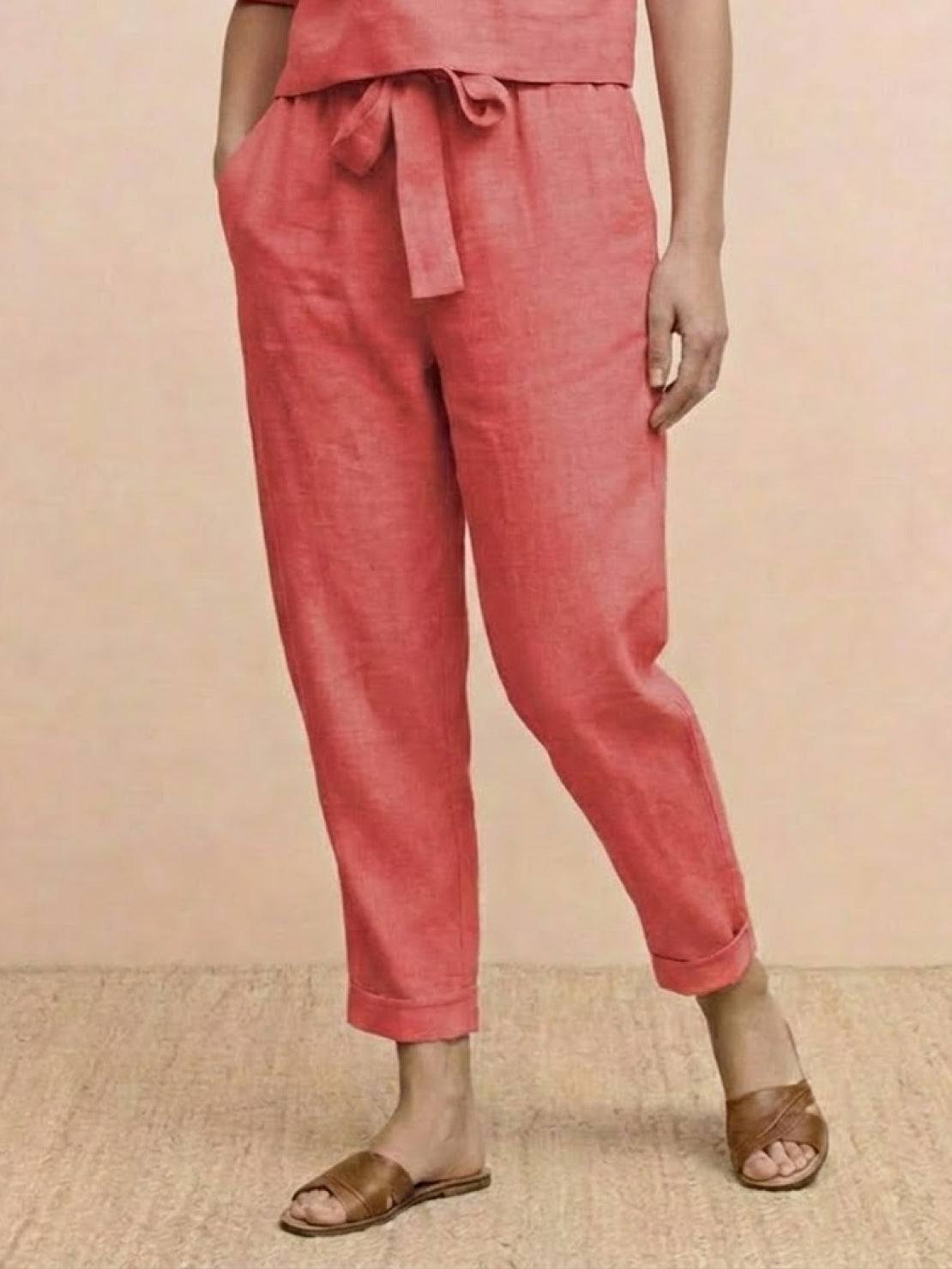 Breathable cotton linen set with relaxed short-sleeve top and straight-leg pants in monochrome tones