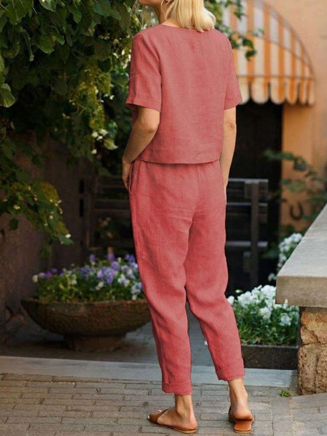 Cotton linen monochrome straight-leg pants with adjustable drawstring waist and natural texture