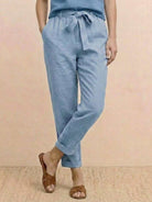 Cotton linen monochrome straight-leg breathable pants with adjustable drawstring waist