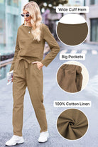 Casual cotton-linen monochrome set with wide cuff hem, big pockets, and relaxed fit pants and top.