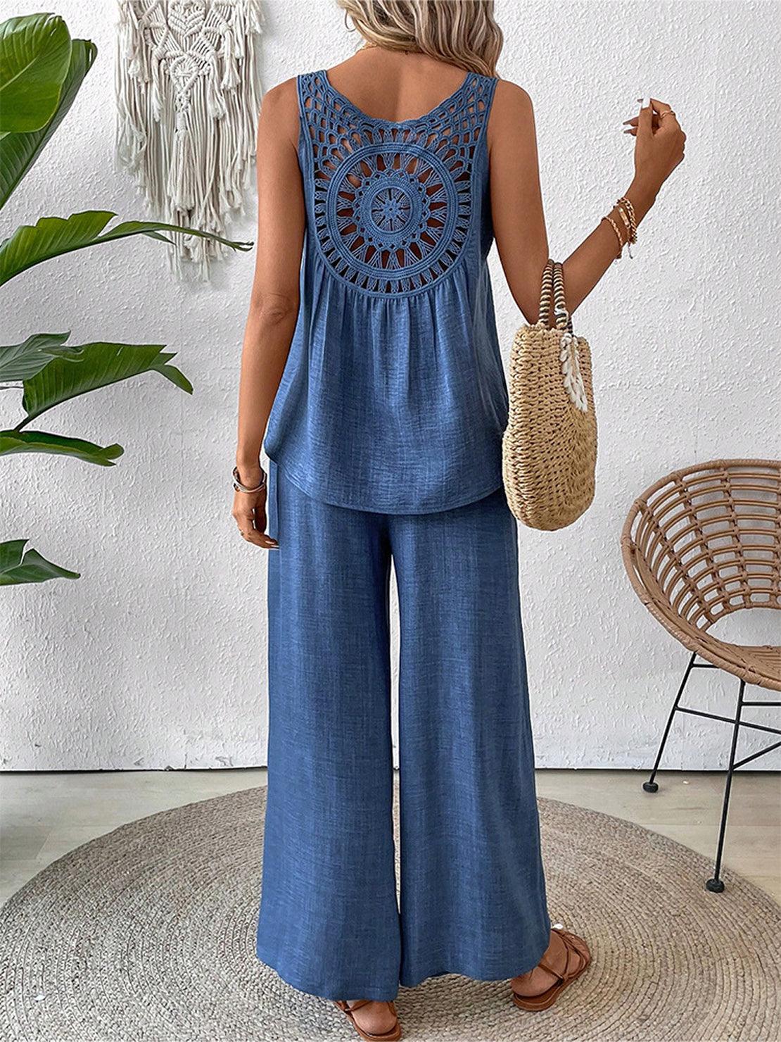Dreamcatcher Crochet-Back two-piece set with asymmetric top and wide-leg palazzo pants in linen-look fabric