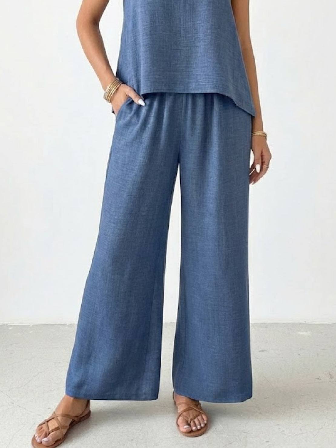 Dreamcatcher Crochet-Back two-piece set with sleeveless top and wide-leg pants in linen-look fabric