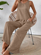 Dreamcatcher Crochet-Back two-piece set with sleeveless top and wide-leg palazzo pants in linen-look fabric