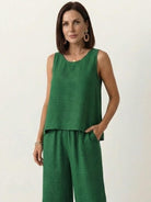 Dreamcatcher Crochet-Back two-piece set with sleeveless asymmetric top and wide-leg palazzo pants in linen-look fabric