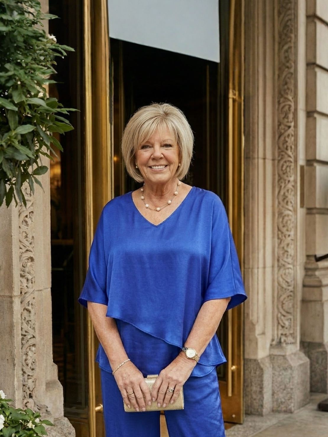 Woman wearing Elegant Layers Two-Piece Set with layered V-neck top and comfortable pants on white background
