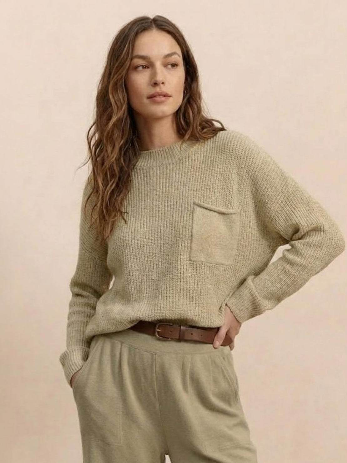 European minimalism relaxed khaki knit sweater top and trouser set with pocket detail
