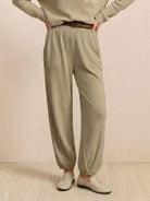 European minimalism relaxed khaki knit sweater top and trouser set with casual style
