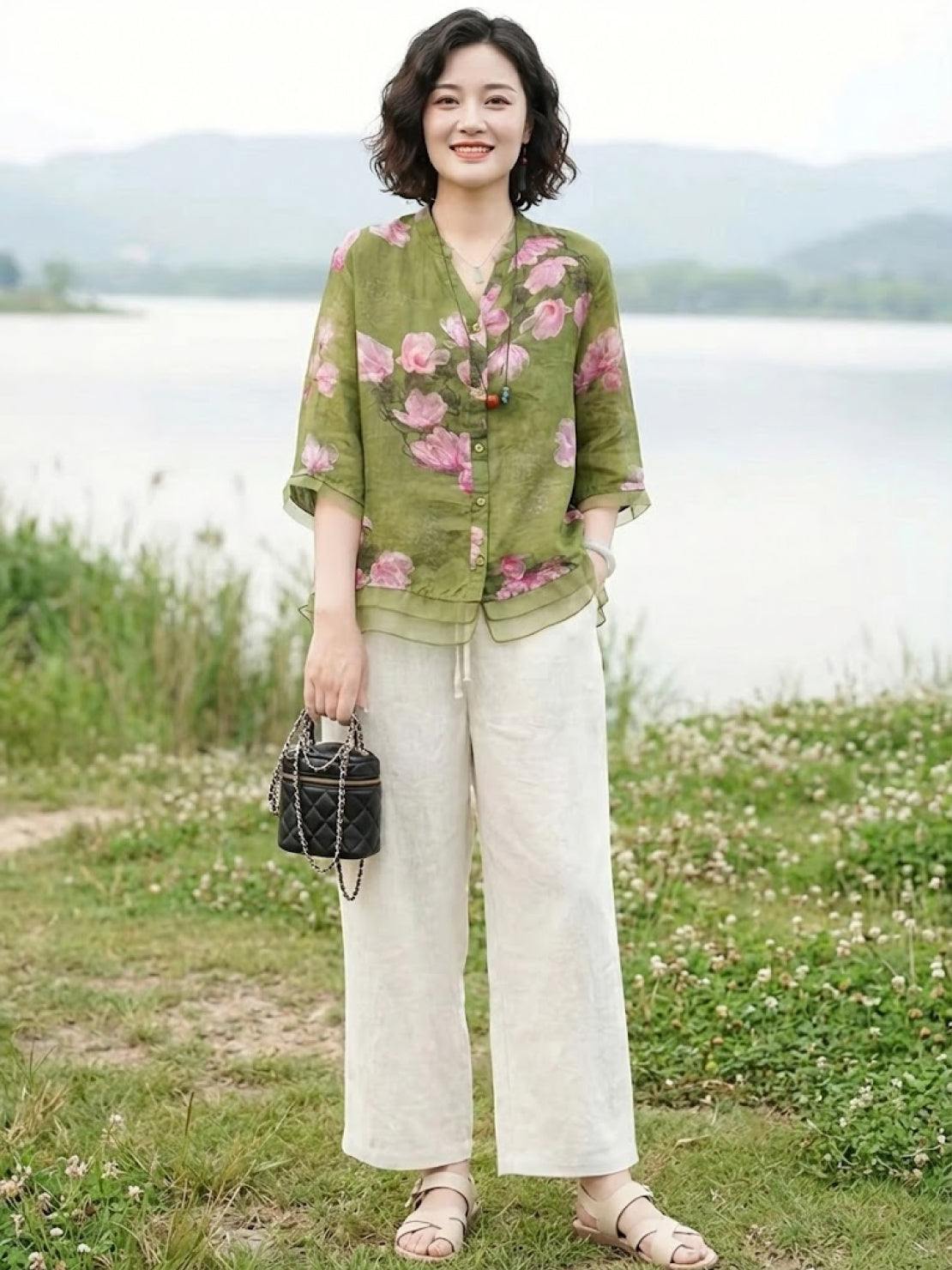 French boutique style organza floral print blouse in lightweight elegant fabric