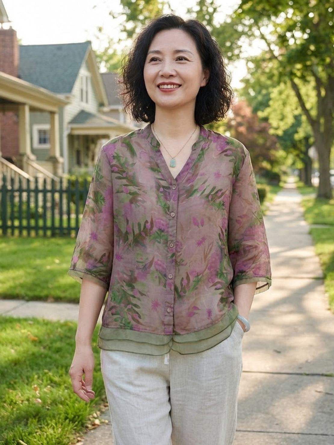 French Boutique Style elegant organza floral print blouse