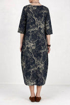 Blue Japanese porcelain print midi dress with 3/4 sleeves and oversized pockets