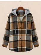 Highland Plaid Shacket with plaid pattern, fleece lining, hood, and button-front closure for casual cool-weather layering