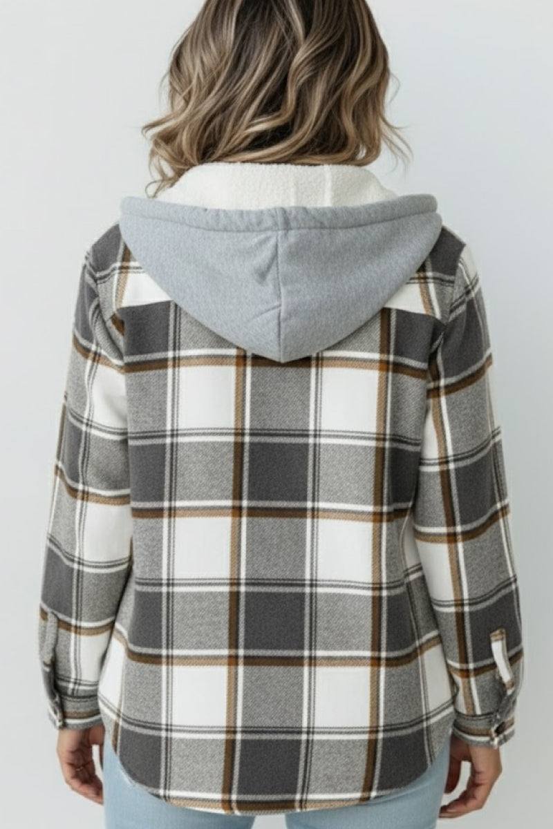 Back view of Highland Plaid Shacket with hood, plaid pattern, and fleece lining