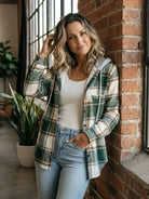 Highland Plaid Shacket with soft fleece lining, hood, button-front, and plaid pattern for cozy layering