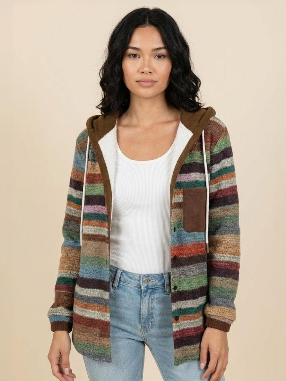 Highland Plaid Shacket with soft fleece lining, hood, button-front, front pockets, and relaxed plaid overshirt fit for cool weather layering