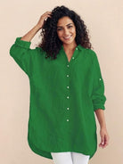 Oversized linen shirt in breathable cotton-linen blend with relaxed fit and back button detail