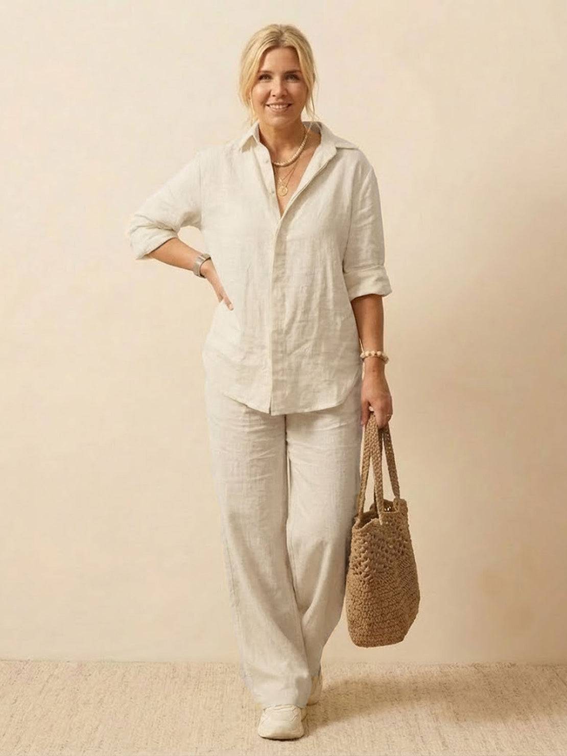 Woman wearing oversized 100% cotton shirt and wide-leg pants co-ord set with natural, breathable fabric and relaxed fit carrying a woven bag