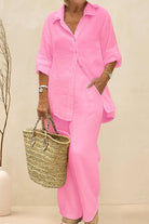 Oversized 100% cotton pink shirt and wide-leg pants co-ord set with relaxed fit and breathable fabric